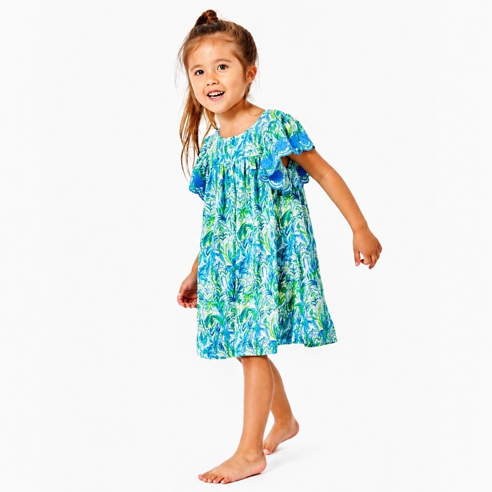 Lilly Pulitzer Girls‎ Blue Green Tropical Palm Stassie Knit Dress Size S 4-5